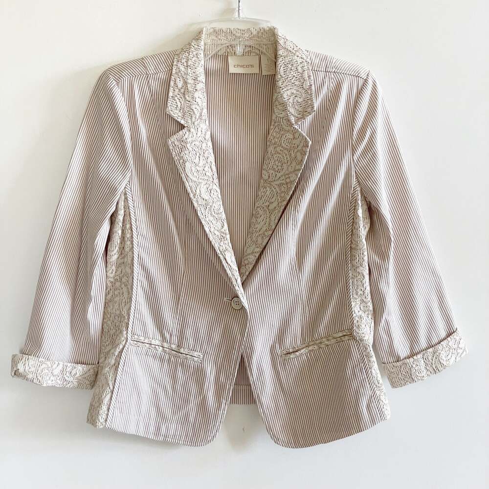 Chico’s Beige Lace Striped Blazer Jacket - Picture 2 of 9